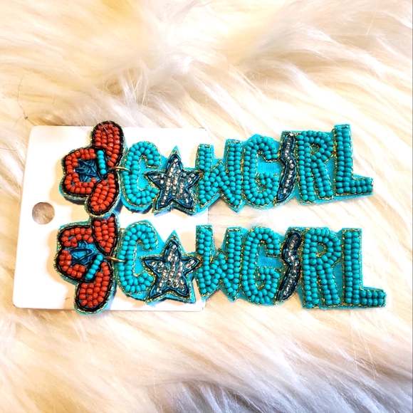 NEW Western Turquoise Cowgirl Beaded Shimmer Hat Earrings Star detail - Picture 5 of 8